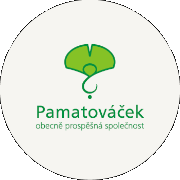 pamatováček, logo s motivem stylizovaného listu gingko biloba, text Pamatováček, obecně prospěšná společnost